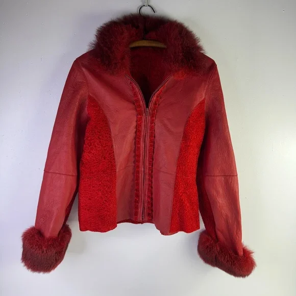 Vintage Pellacci European Sheepskin shearling faux fur fluffy sleeves jacket L